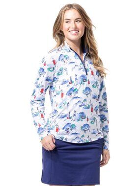 NEW SanSoleil Tennis Golf 1/4 Zip Pullover L/S SMALL White Print UV 50 + Cooling